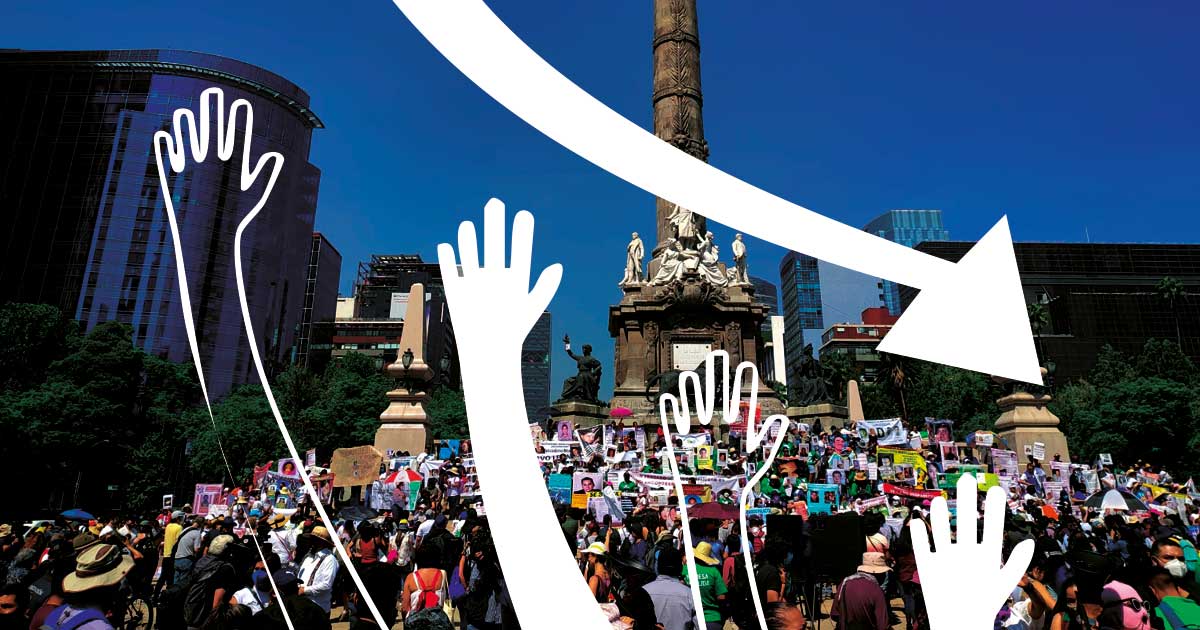 Participación ciudadana en la práctica. Una ilustración de manos que se disminuyen como una gráfica.