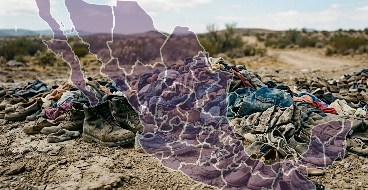 Muchos zapatos y ropas en un terreno empolvado sobre un mapa de México